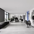 Modern Beauty Salon Interior with White Cylindrical Torn Design Black Chairs and Wooden Flooring