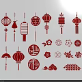 Traditional Chinese Decorative Elements Including Red Lanterns Fu Xi Characters And Floral Patterns 3d model