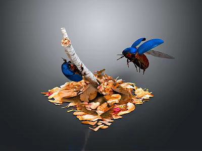 Blue Beetles One Flying And One Perched On White Branch With Dried Leaves Red Flowers 3d model