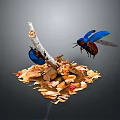 Blue Beetles One Flying And One Perched On White Branch With Dried Leaves Red Flowers