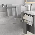 Gray Bathroom Interior Design With Towel Rack Hanging Towels Marble Countertop Slipper Holder And Toiletries