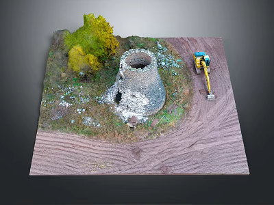 Old Stone Tower Ruin With Yellow Excavator And Green Vegetation On Dirt Ground 3d model