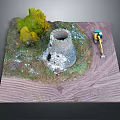 Old Stone Tower Ruin With Yellow Excavator And Green Vegetation On Dirt Ground