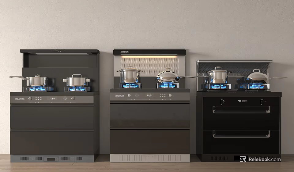Black Integrated Kitchen Appliances With Gas Stoves Pots And Blue Flames 3d model 