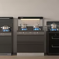 Black Integrated Kitchen Appliances With Gas Stoves Pots And Blue Flames