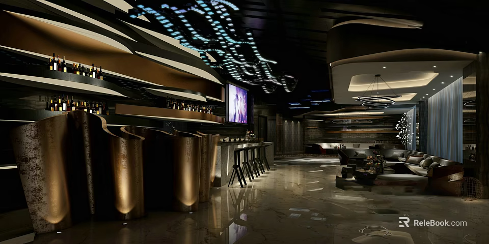 Modern Bar Interior With Sleek Bar Counter Hanging Lights TV Screen And Marble Floor 3d model 