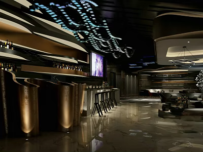 Modern Bar Interior With Sleek Bar Counter Hanging Lights TV Screen And Marble Floor 3d model