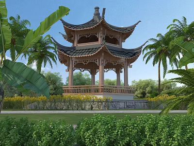 Traditional Chinese Pavilion Surrounded By Palm Trees Banana Leaves Lush Grassland And Yellow Flower Beds 3d model