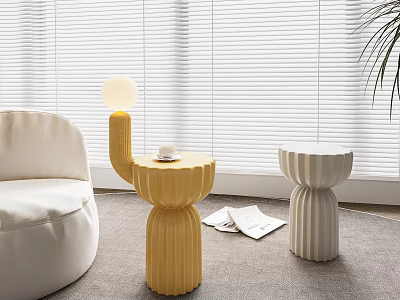 Modern Yellow and White Textured Side Tables in Living Room with Sofa and Carpet 3d model