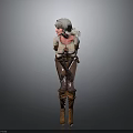 Woman with White Hair Wearing Strappy Outfit Brown Boots and Hands Crossed Against Gray Background