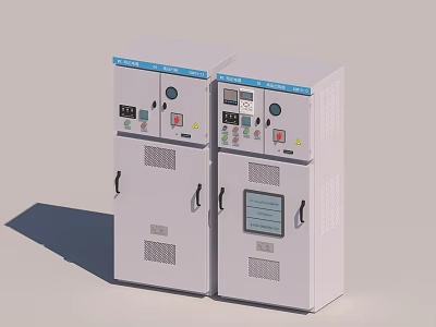 Two White Electrical Control Cabinets With Control Panels Buttons And Display Screens 3d model