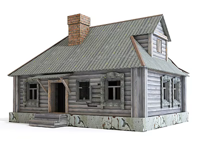 Wooden House Exterior With Gray Wooden Siding Gray Roof Brick Chimney Windows And Front Steps 3d model