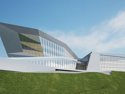 Modern Architectural Design With Glass Curtain Wall Geometric Shapes Green Lawn And Blue Sky 3d model