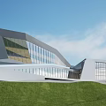 Modern Architectural Design With Glass Curtain Wall Geometric Shapes Green Lawn And Blue Sky