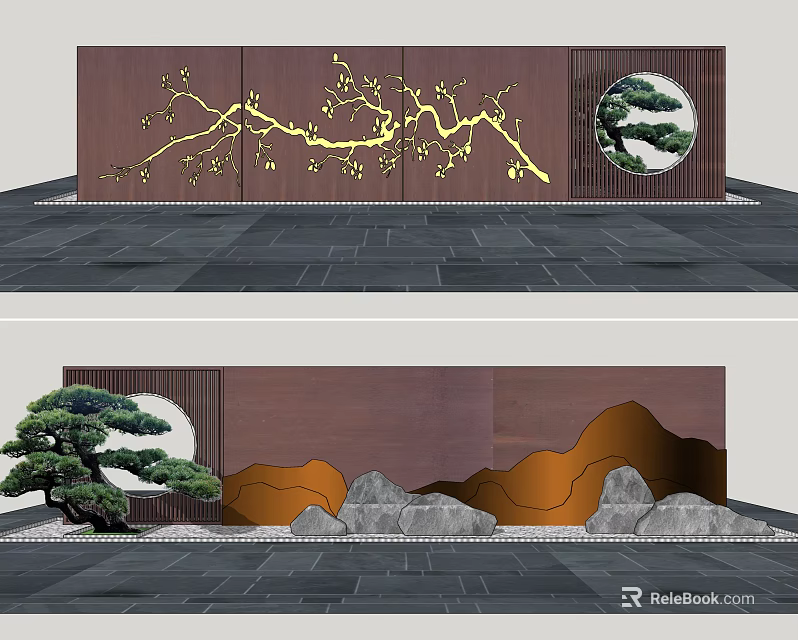 Scenic Wall With Yellow Branches Circular Pine Pattern Orange Mountain Shapes And Gray Stones 3d model 