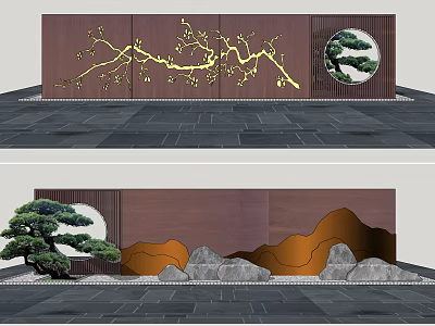 Scenic Wall With Yellow Branches Circular Pine Pattern Orange Mountain Shapes And Gray Stones 3d model