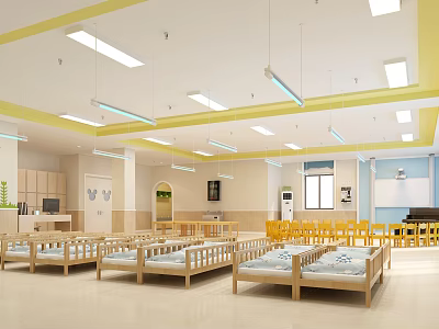 Kindergarten Indoor Room Featuring Small Beds Yellow Chairs White Walls And Blue Decorations 3d model