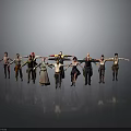 Various Costumed Creatures and Characters Standing in Line With Outstretched Arms Against Gray Background Reflections