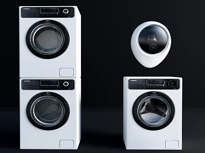 Modern White Front Loading Washing Machines With Stackable And Standalone Design And Control Panel 3d model