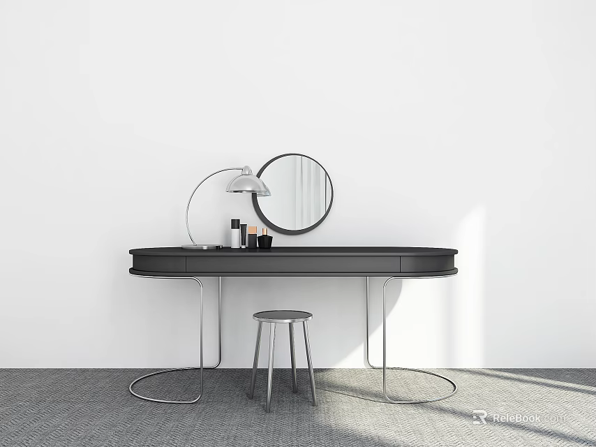 Modern Black Dressing Table With Round Mirror Table Lamp And Stool 3d model