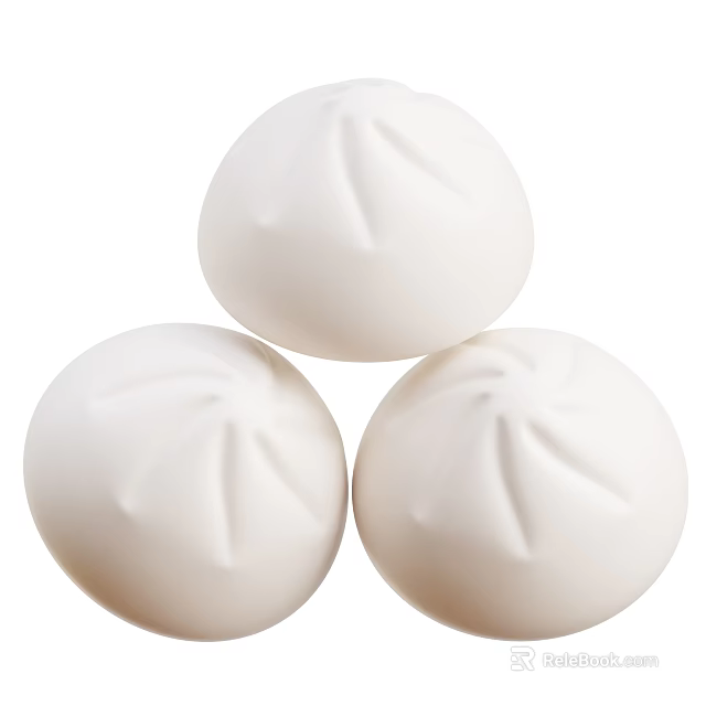 Three Soft Fluffy White Steamed Buns Stacked With Traditional Pleated Design 3d model 