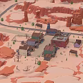 Scenic Desert Landscape With Red Rock Formations Small Town Buildings Cactus Plants And Winding Roads