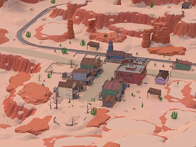 Scenic Desert Landscape With Red Rock Formations Small Town Buildings Cactus Plants And Winding Roads 3d model