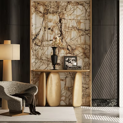 Entryway Hallway Design With Marble Wall Floor Lamp Accent Chair And Decorative Art 3d model