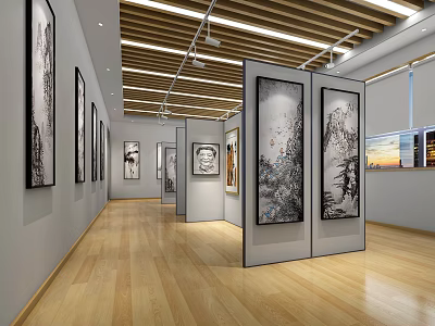 Exhibition Hall Interior With Art Paintings On Display Walls And Wooden Flooring 3d model