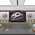 Modern Helmet Showroom With Curved Display Counters Yellow Pillars Wall Decorations And White Helmets