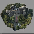 Wood and Stone Landscape Model with Green Trees and Natural Scenery