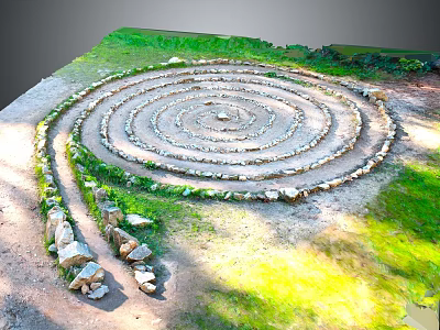 Wooden Stone Spiral Path Design In Garden Featuring Green Lawn And Scattered Rocks 3d model