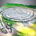 Wooden Stone Spiral Path Design In Garden Featuring Green Lawn And Scattered Rocks
