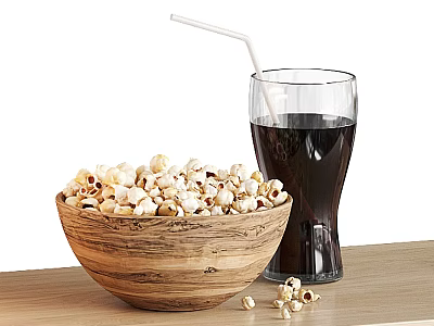 Crispy Popcorn in Wooden Bowl with Refreshing Cola and Straw on Table 3d model
