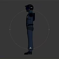 Humanoid Character In Blue Uniform With Helmet Standing Arms Outstretched On Gray Background