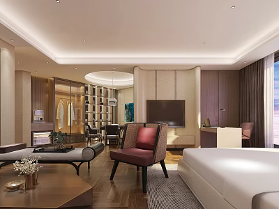 Hotel Guest Room Interior With King Size Bed Sofa TV And Floor To Ceiling Windows 3d model