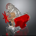 Detailed Red And Silver Engine 3D Model With Fan Pipes And Mechanical Components
