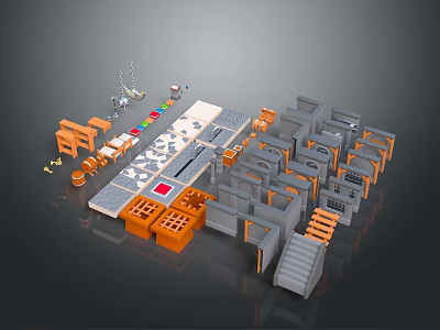 3D Decorative Ornament Set With Geometric Shapes Orange Gray Stairs Platforms And Blocks 3d model