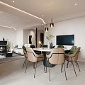 Modern Living and Dining Room Interior With White Sofa Coffee Table And Dining Chairs