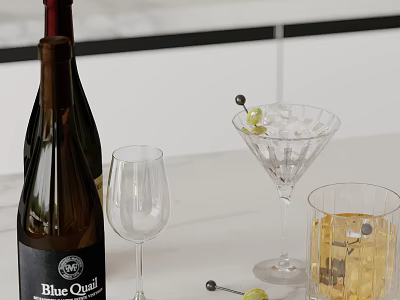 Decorative Wine Ornament Set with Bottle Glass Martini Cup Ice Cubes Olives and Stirrer 3d model