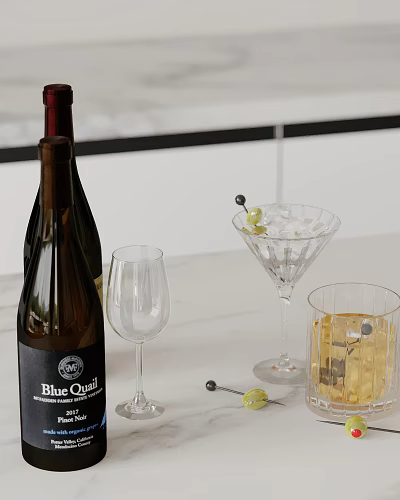 Decorative Wine Ornament Set with Bottle Glass Martini Cup Ice Cubes Olives and Stirrer 3d model