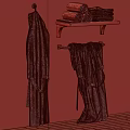 Laundry Essentials Bath Robes And Towels Hanging On Metal Hanger With Wooden Shelf