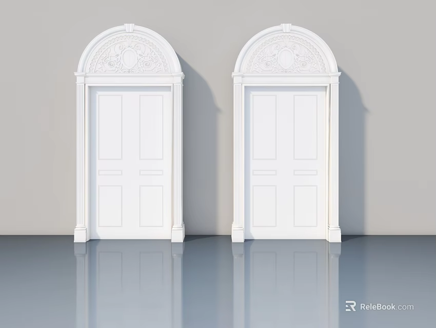 Classic White Swing Doors With Decorative Arched Top And Panel Design 3d model 