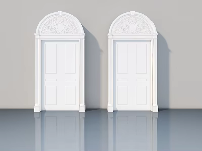 Classic White Swing Doors With Decorative Arched Top And Panel Design 3d model