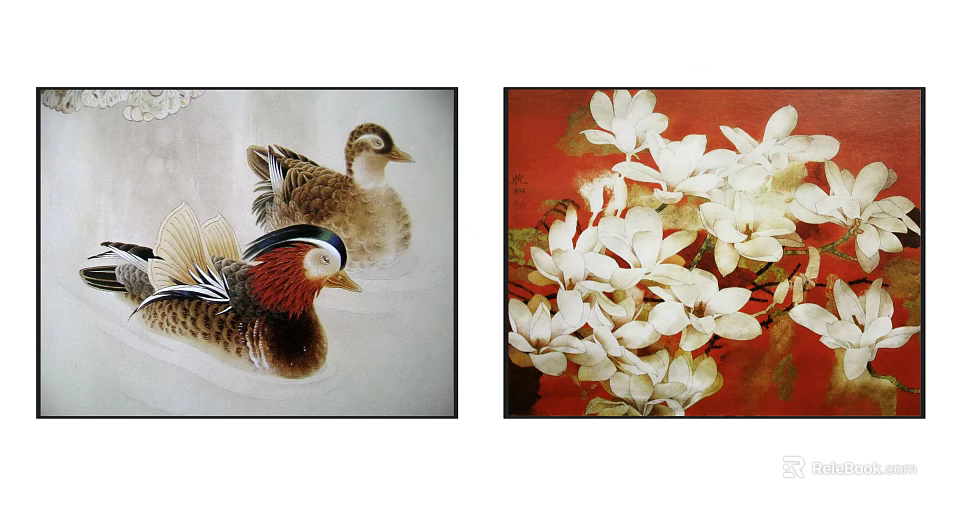Beautiful Mandarin Ducks And White Magnolia Flowers In Traditional Artwork 3d model 