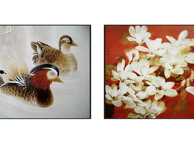Beautiful Mandarin Ducks And White Magnolia Flowers In Traditional Artwork 3d model