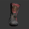 Worn High Top Black Leather Boots With Red Accents And Visible Dirt Marks