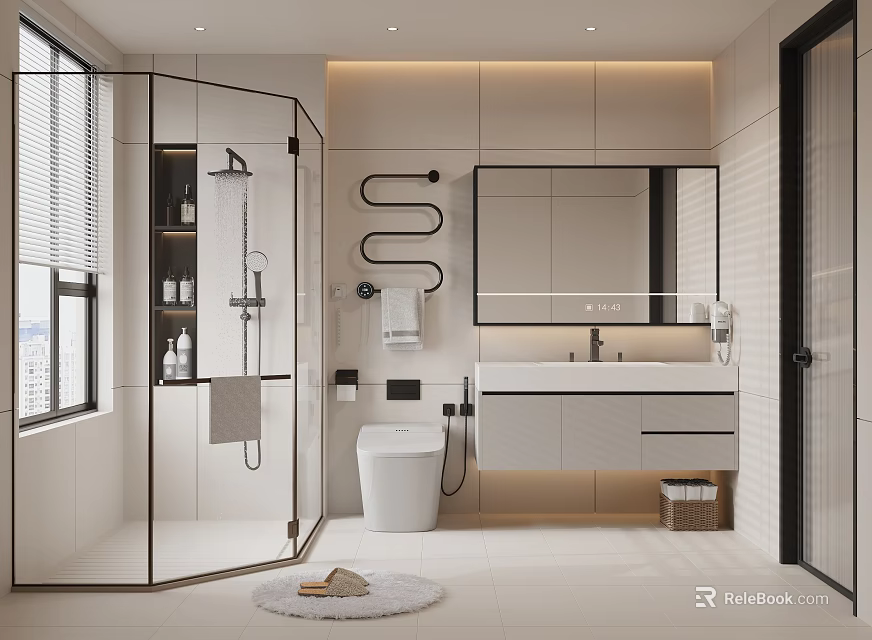 Modern Bathroom Interior With Glass Shower Sink Toilet Mirror Wall Mounted Storage And Window Rug 3d model 