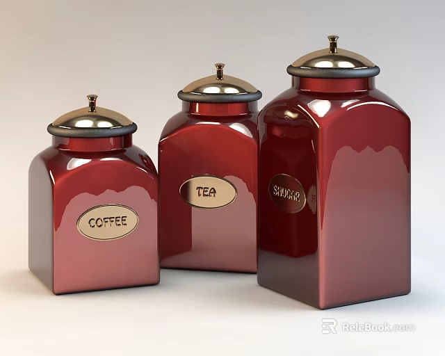 Three Red Kitchen Jars With Silver Lids Labeled Coffee Tea Sugar Storage 3d model
