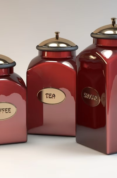 Three Red Kitchen Jars With Silver Lids Labeled Coffee Tea Sugar Storage 3d model
